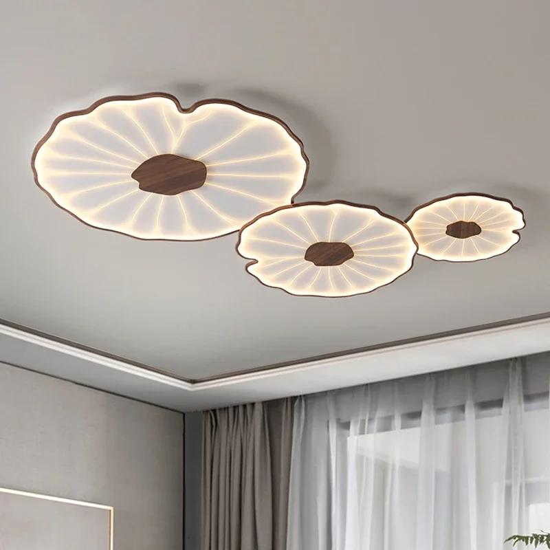 Modern Wood Grain Ceiling Lamp for Living Room Bedroom Study Children's Nursery Lotus Leaf Design Metal Led Chandelier