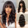 Dark Brown Wigs with Bangs Wavy Bob Wig Water Wave Synthetic Wigs for Women Daily Party Cosplay Use