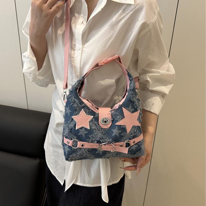 Pink Star Purse and Handbags Aesthetic Plaid Denim Shoulder Bag Punk Leisure Outdoor Crossbody Bag For Women CLE