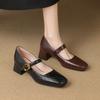 Four Seasons Wear Women's Small Leather Shoes Casual Low-top Shoes Square Head Single Shoes Women's Middle Heel Buckle Rubber Soft Sole New Square Hee