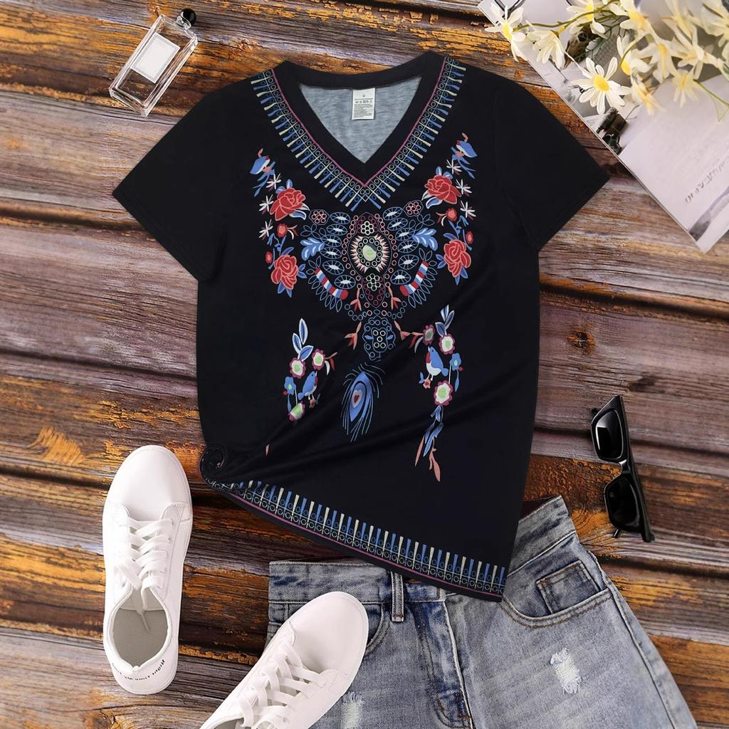Summer V-neck 3D Ethnic Style Printed Top Fashionable Casual Short Sleeved Women's T-shirts