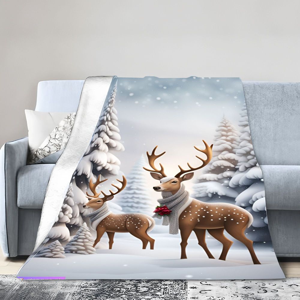 Зимняя сказка Олень Уютный флисовый плед - Мягкий дизайн заснеженного леса с очаровательными коричневыми оленями в серых шарфах - Идеально для