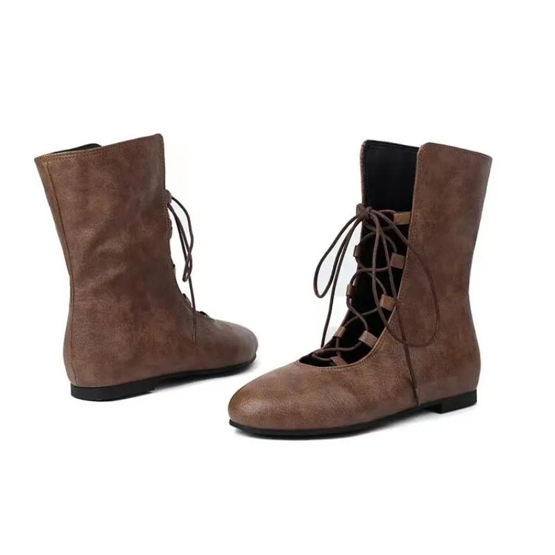 Модные повседневные дизайнерские женские туфли на шнуровке 2024 года, новые полые дышащие женские римские сапоги, легкие и удобные сапоги до середины голени