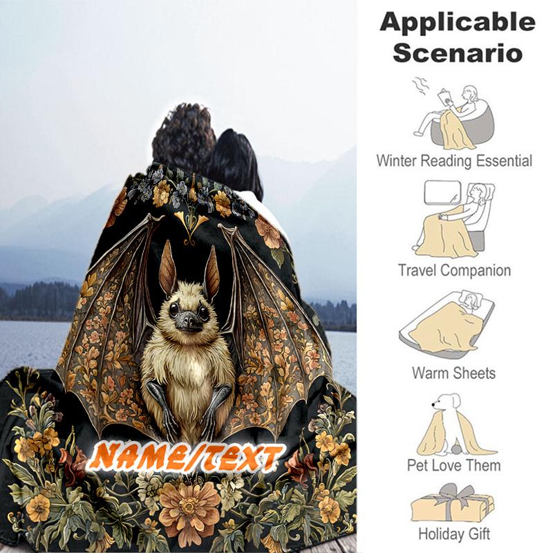 1PC Custom Name Bat Floral Wings outdooor Flannel blankets Throw Blanket All-Season Throw Gift Bedspread for Couch, Bed, Camping Holiday Birthday gift
