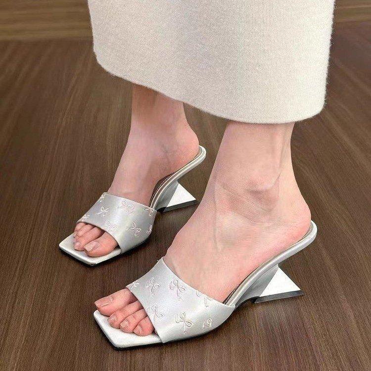 Temperament French Silver Fairy Square Head Sandals with Skirt Special-shaped Heel One-word Women's High Heels Summer Slippers