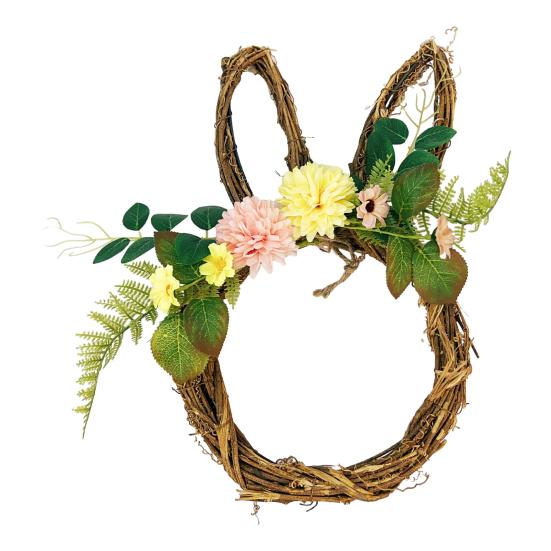 Пасхальный венок в форме маленького кролика, плетеный из ротанга, с пастельными яйцами и цветами для входной двери, для дома, для окна, на стену, весенний декор