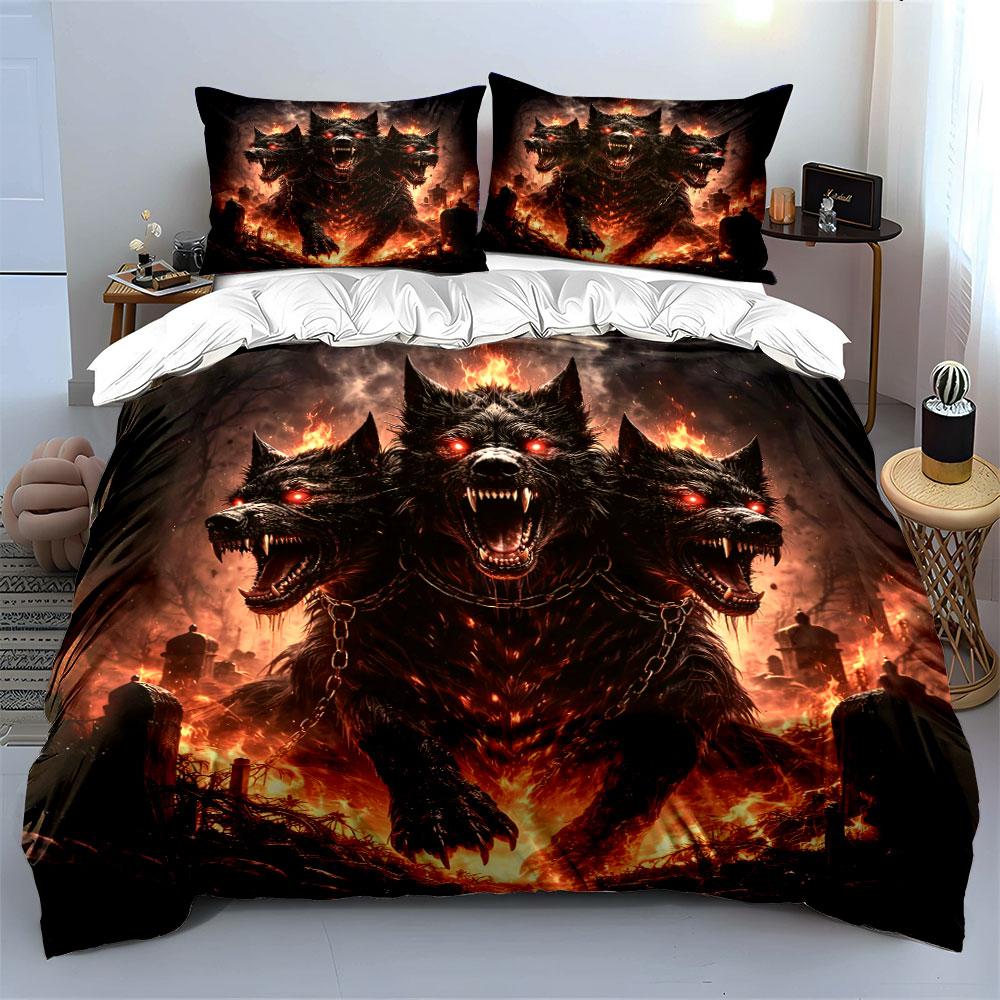Fiery Three-Headed Cerberus Bedding Duvet Cover Set Duvet Cover Pillowcases (1*Duvet Cover 2*Pillowcases, without duvet insert)