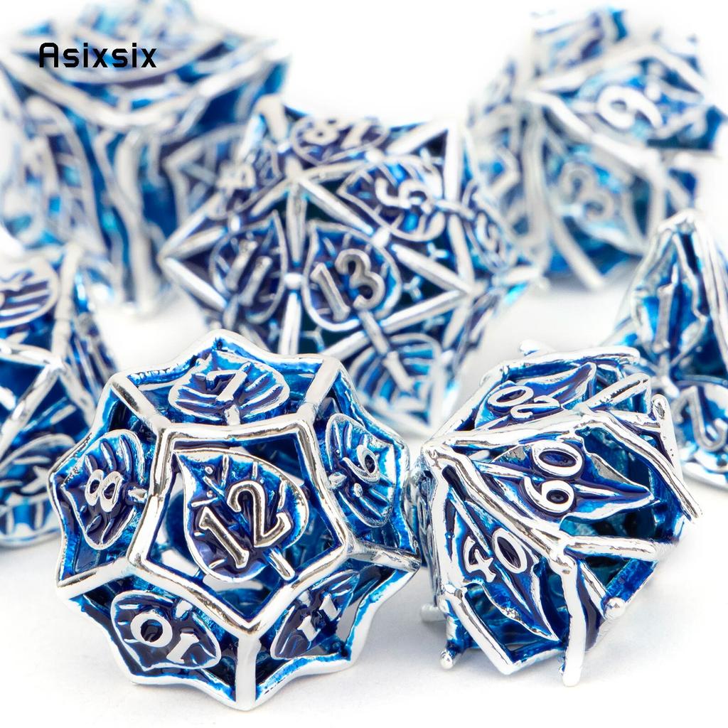 7 Pcs Blue Leaf Flower Metal Dice Hollow Metal Polyhedral Dice Set Suitable for Role-Playing RPG Board Game Card Game