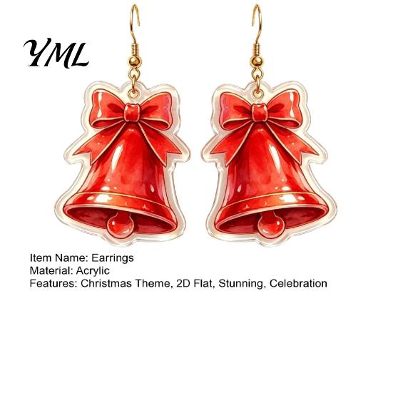 Festive Christmas Gift for Her 1 Pair 2D Acrylic Bell Dangle Earrings Women, Cute Red Pendant Holiday with Bow, Jewelry Gifts Xmas Party Accessories