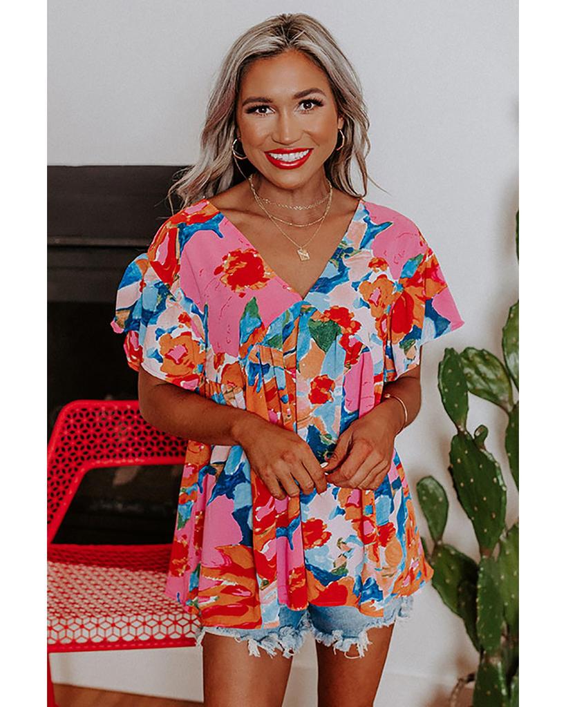 Azura Exchange Блузка с V-образным вырезом и рукавами-крылышками с абстрактным принтом