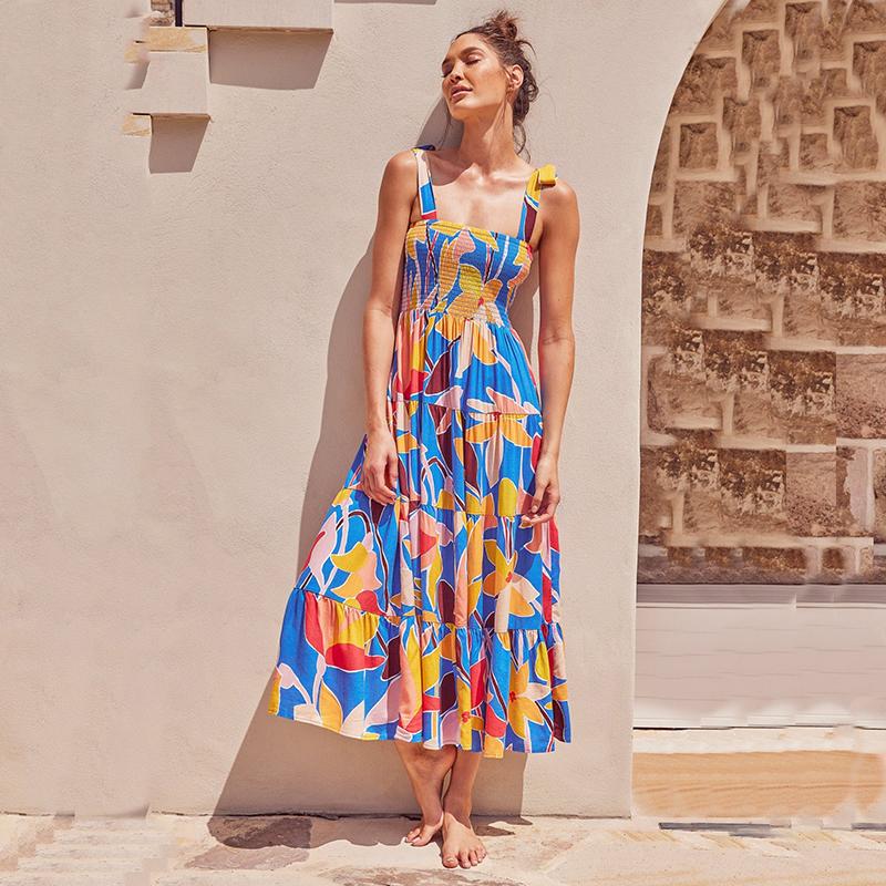 Длинное платье на бретельках с цветочным принтом для женщин с квадратным вырезом и высокой талией, платье макси без рукавов, летние каникулы, пляжное длинное платье, дышащее тонкое мягкое удобное платье