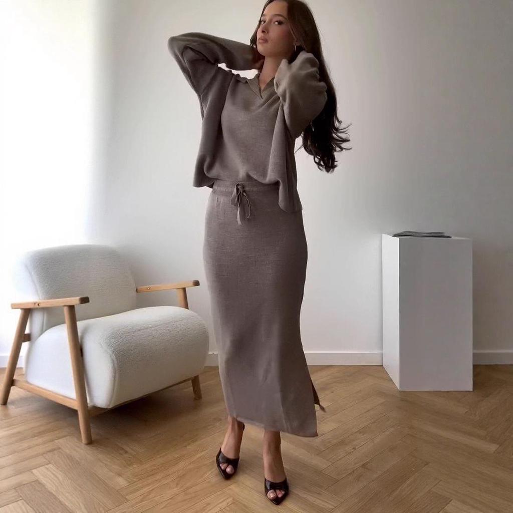 Осень 2025 Европейский и американский стиль Женский вязаный топ с воротником-рубашкой и юбка миди