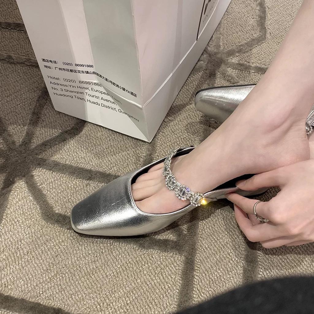 Sheepskin Version~ French Small Square Head One-word Diamond Strap Leather Muller Shoes Inner Height Increase Thick-soled Half Slippers Women