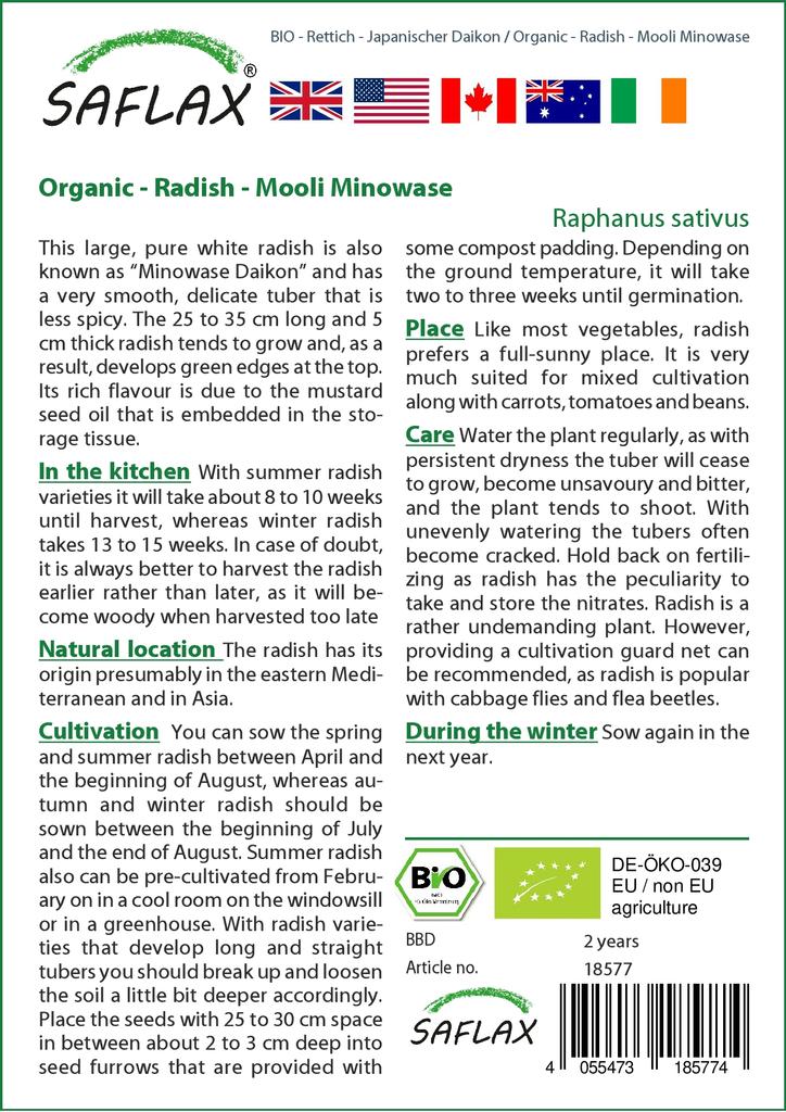 SAFLAX Garden in the Bag - Органический - Редис - Mooli Minowase - 100 семян - С субстратом в подходящем мешке - Raphanus sativus