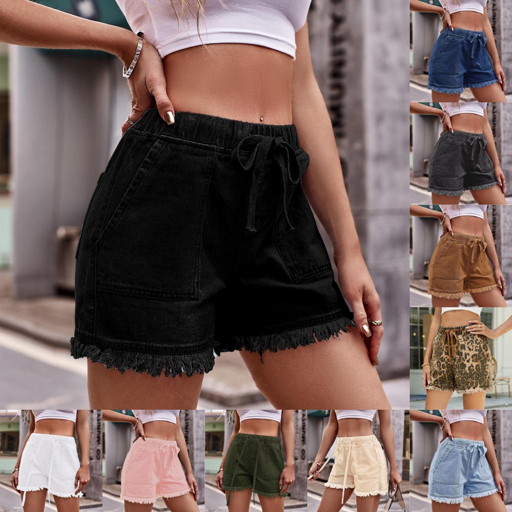 Denim Shorts For Women With Elastic Waistband And Pockets Summer Streetwear Style