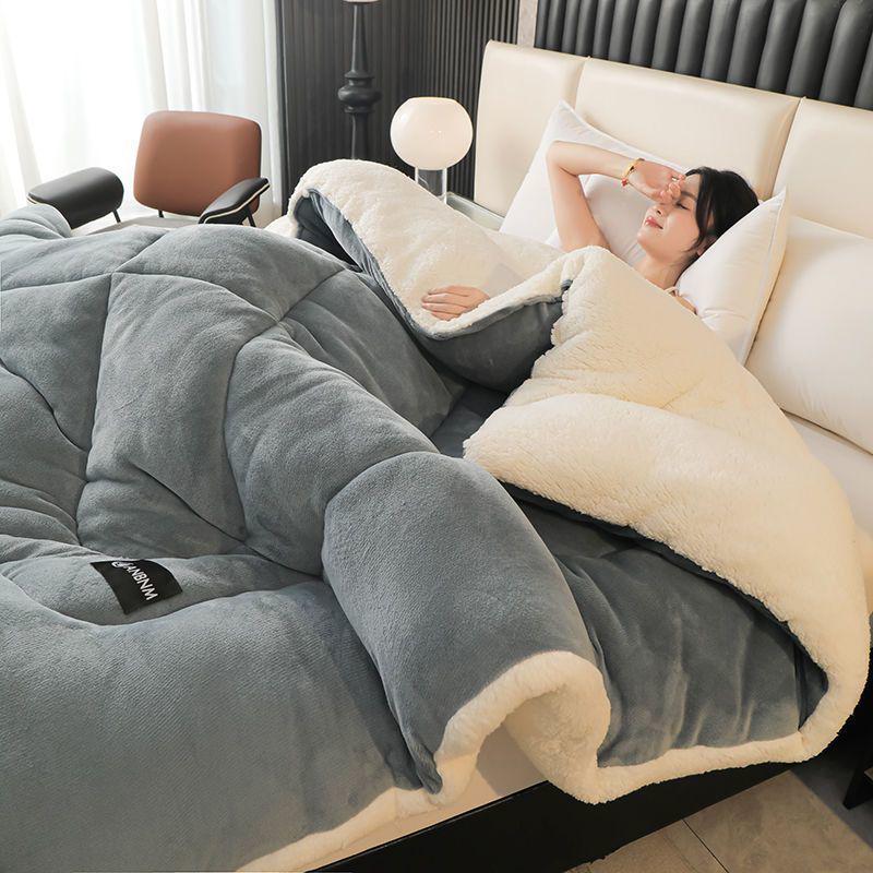 Теплый зимний стеганый одеяло из шерсти ягненка и набор с плюшевым пододеяльником - Уютное флисовое одеяло для общежитий и одиночных комнат