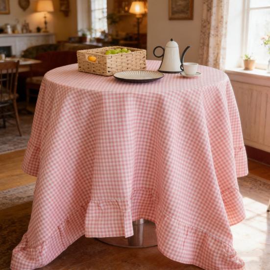 Tablecloth Farmhouse Style Plaid Pattern Ruffled Edge Tablecloth Round Shape Soft Cotton Linen Fabric Cloth Table Cover