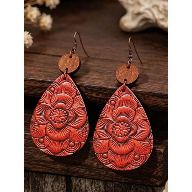 1 Pair New Vintage Carved Flower Teardrop PU Leather Women's Earrings