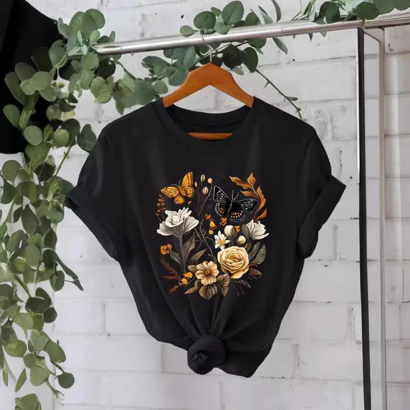 Футболка из хлопка, летняя, с коротким рукавом, круглым вырезом, с цветочным узором, женская