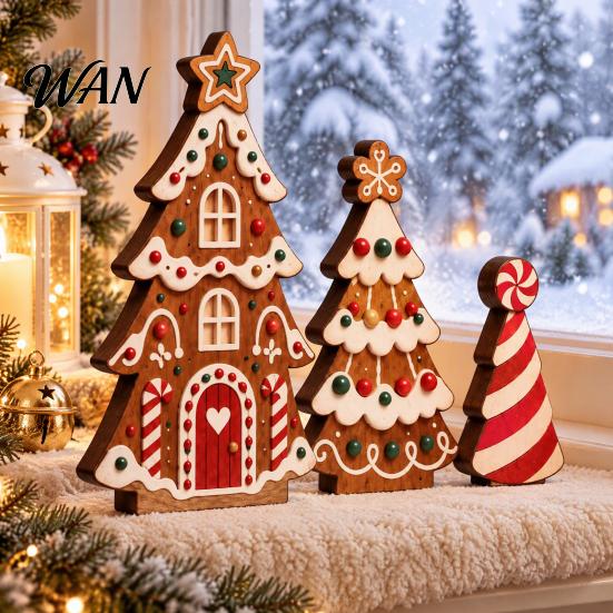 Decorative Wooden Christmas Trees 3 Pcs Tree Tabletop Sign, 2D Flat Shaped Table Decor Block Farmhouse Tiered Tray Centerpiece for Mantel Shelf