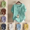 Women's Fashion Round Neck Short Sleeve T-shirt Casual Cotton Linen Graphic Shirt Leisure Loose Cat Prined Summer Blouse Tops