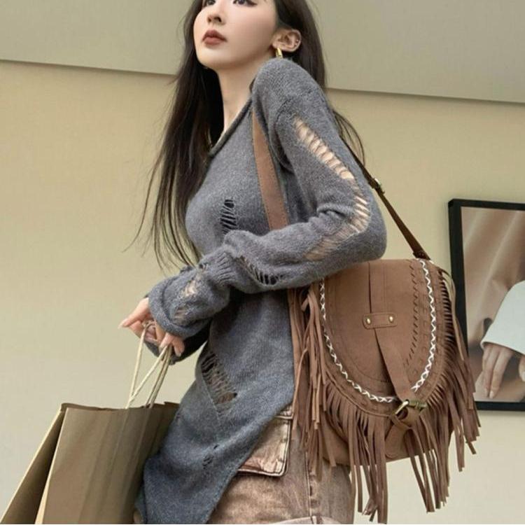 Kpop Grunge ажурный серый свитер женский Harajuku однотонный разделенный рваный вязаный джемпер весенние топы с длинными рукавами пуловер