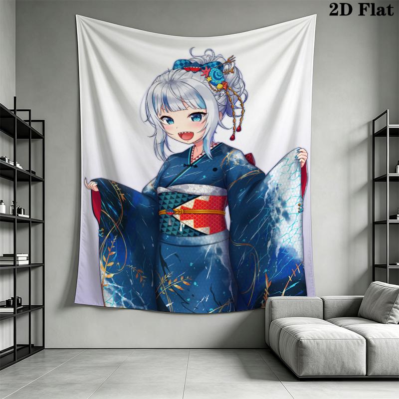 Gawr Gura Wall Tapestry Aesthetic Wall Hanging Printed Fabric Blanket Decorative Tapestries for Bedroom Living Room Home Decor