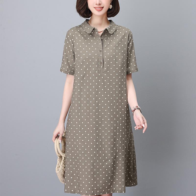 Летнее платье в горошек из хлопка и льна 2024 года — женское, французский стиль, размер плюс, длинная юбка