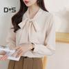 Женская рубашка со шнуровкой и бантом на воротнике, с длинным рукавом, повседневная рубашка, однотонная, свободная, шифоновая рубашка, топы, повседневная одежда