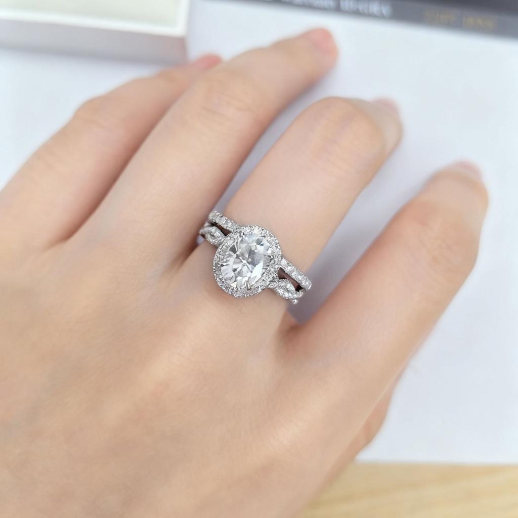 Newshe 925 Silver D VVS1 Full Moissanite Wedding Rings Set for Women Halo Oval Cut Engagement Ring