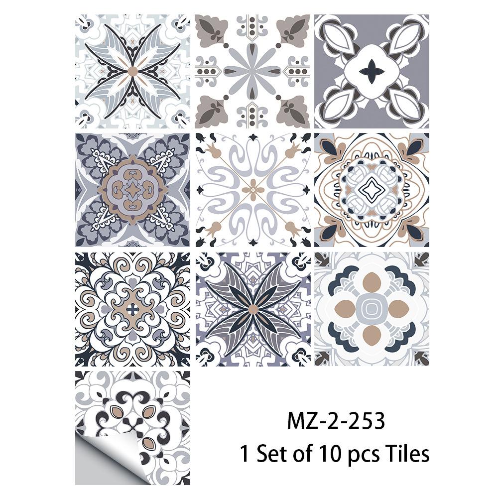 10 шт. серо-белый ретро-узор на плитку, наклейка на кухонный фартук, настенные наклейки для гардероба, глянцевая поверхность, пилинг и палка, ПВХ, художественная фреска