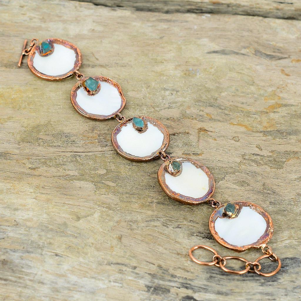 Mother Of Pearl Bracelet Electroformed Copper Bracelet Adjustable Chain Bracelet Electroformed Jewelry Aquamarine Rough Gemstone Bracelet