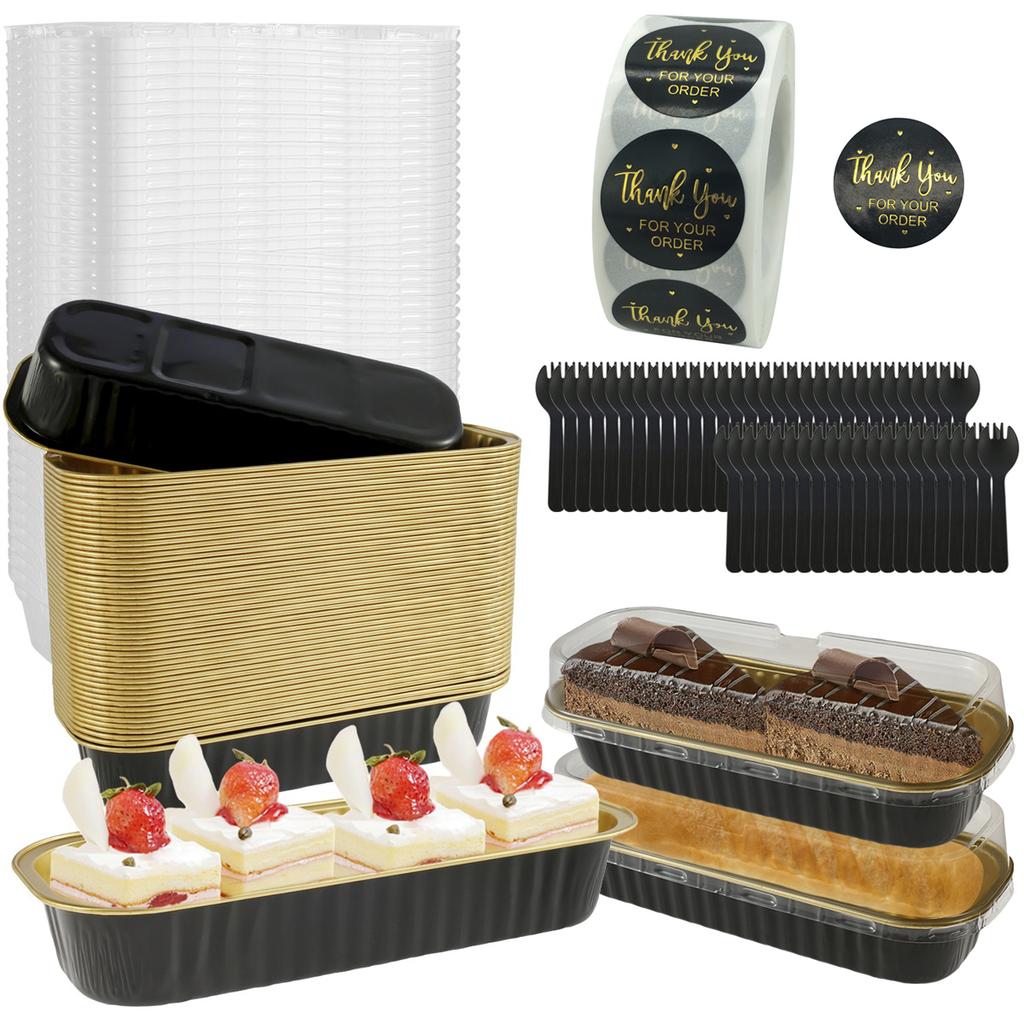 50Pcs Mini Cake Pans with Lids and Spoons Aluminum Foil Baking Pans Mini Bread Containers Muffin Tins Loaf Pans Kitchen Tools