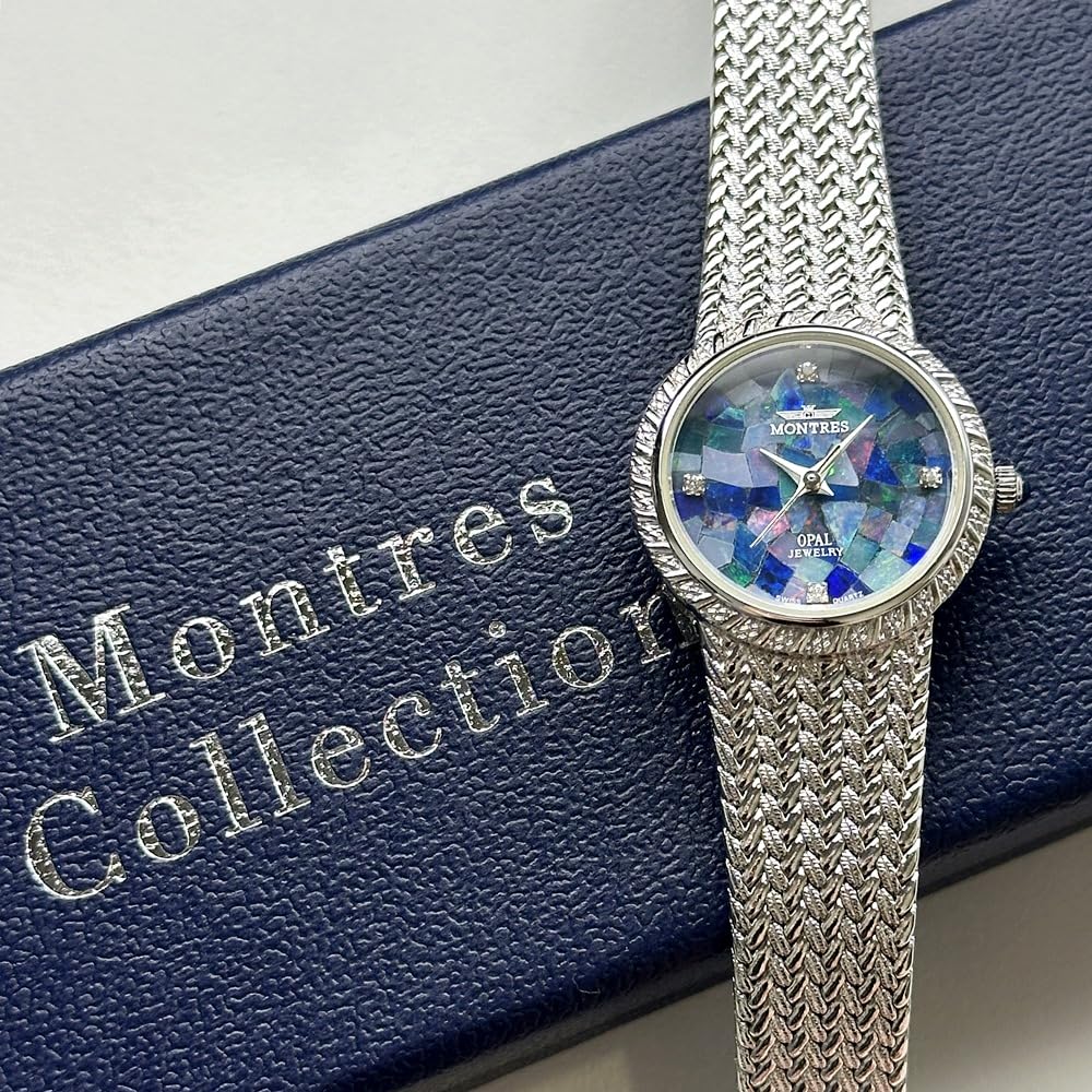 Часы из натурального камня опалового цвета с маленьким циферблатом, синим браслетом из нержавеющей стали и серебра [Montress] женские MS-008L-SSOP []