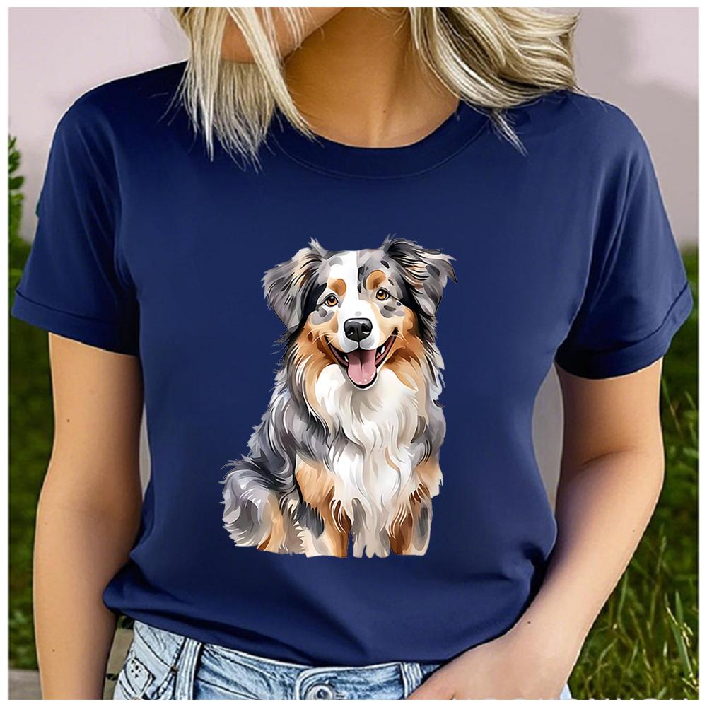 Unisex 100% Polyester Summer Top Watercolor hand-drawn shepherd dog Print Loose round Neck Short Sleeve Fashion for Lovers