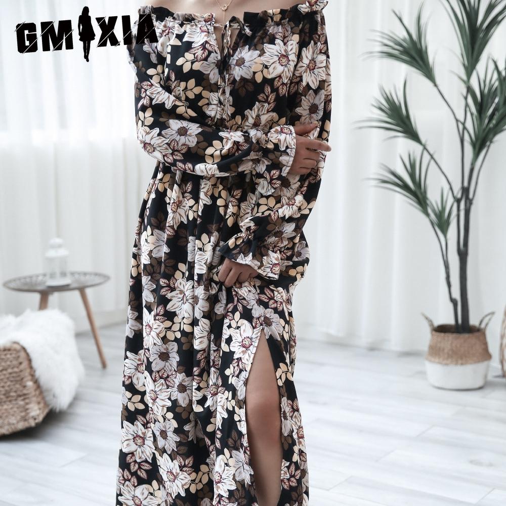 GMXIA Женская мода лето весна цветочный принт с длинным рукавом на одно плечо свободные повседневные платья с роговыми рукавами и деревянным краем уха