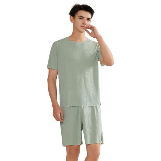 Комплект из 2 предметов: мужская пижама, футболка с коротким рукавом и круглым вырезом, эластичный пояс, шорты, комплект, однотонная домашняя одежда, костюм