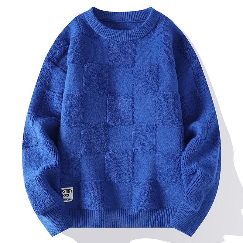 American Style Towel Check Design Fashion Sweater Coat Men's Fall Winter Casual Loose Pullover Unisex Sweater Streetwear