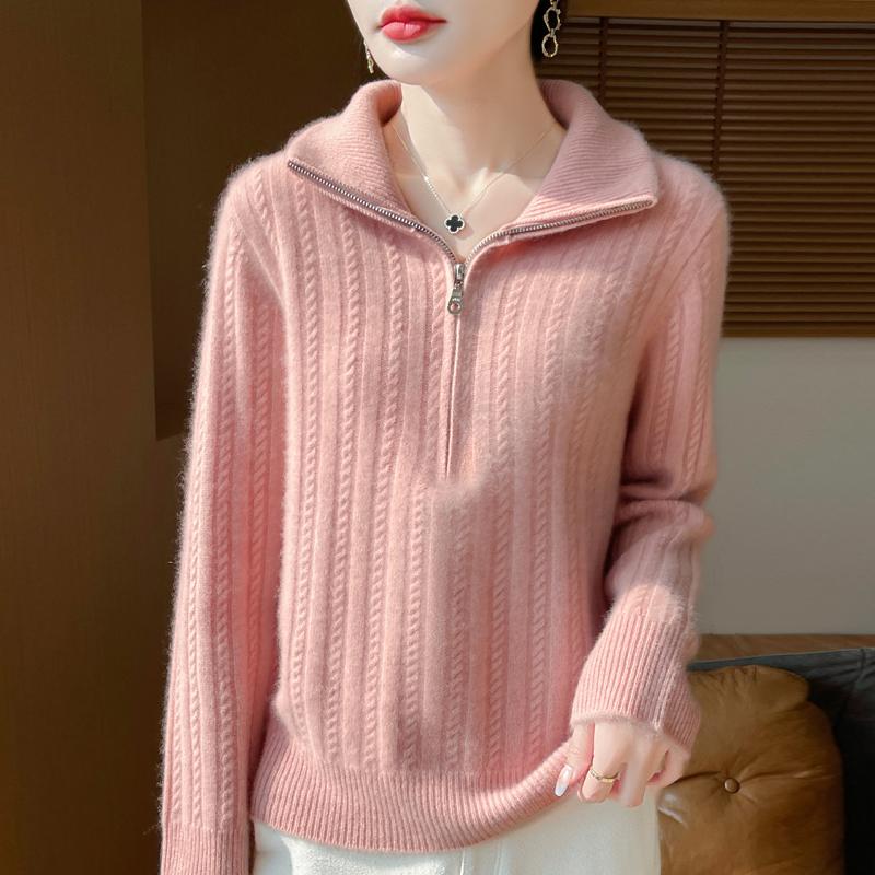 Women Sweater 100% Wool TIDENOVEL Turn-down Collar Knit Pullover Thick Winter Jumpers Female Knit Tops Zipper