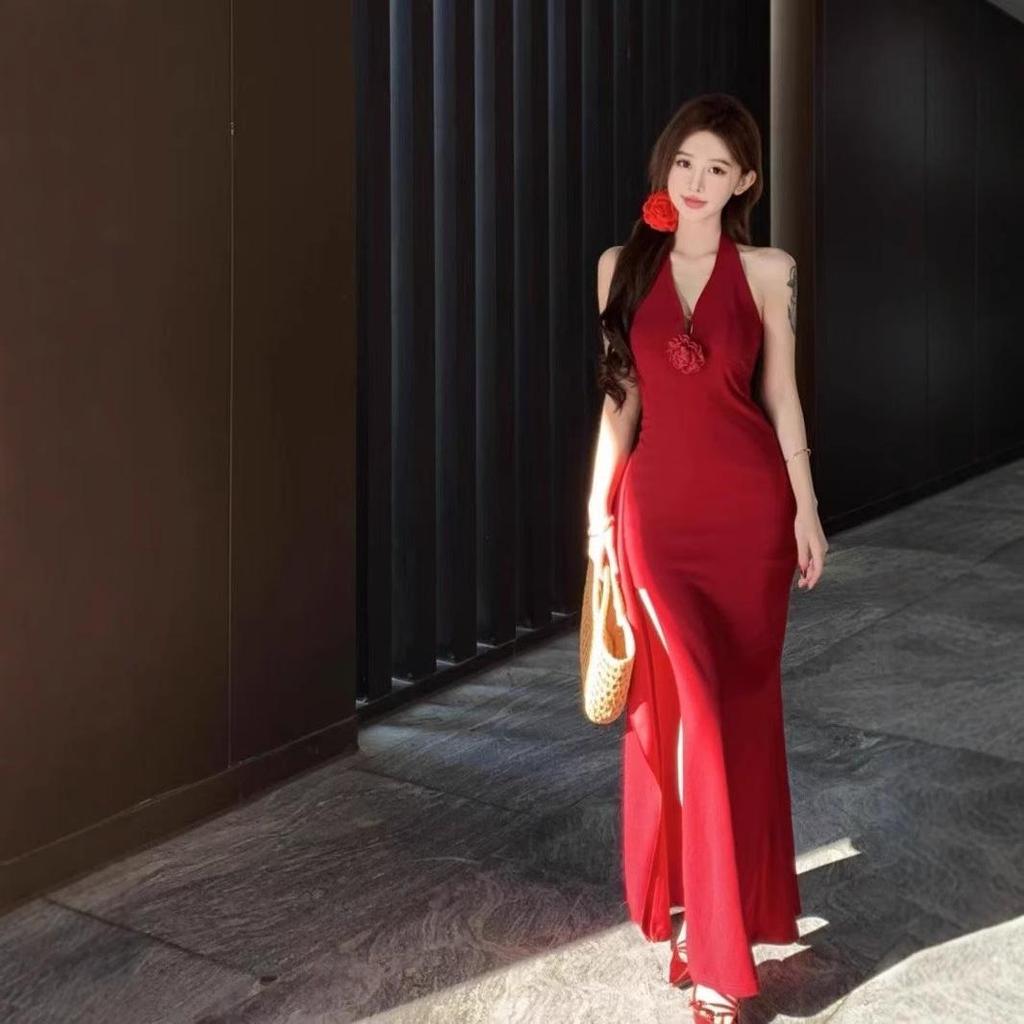 Женское облегающее красное вечернее платье с 3D-цветочным халтером - Облегающее платье-бодикон с разрезом