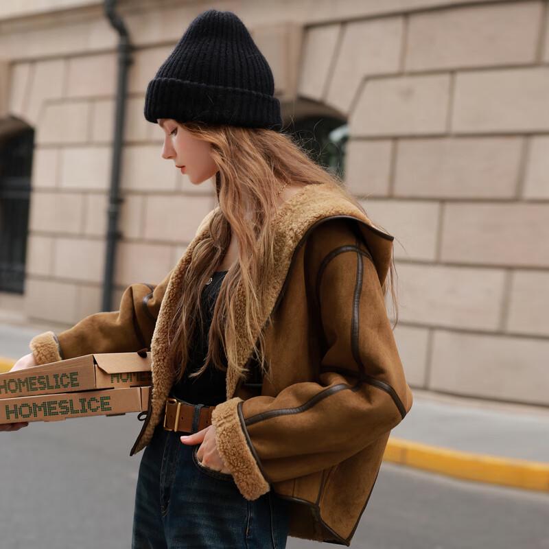 Sancai Women's Faux Suede Hooded Toggle Fur Coat