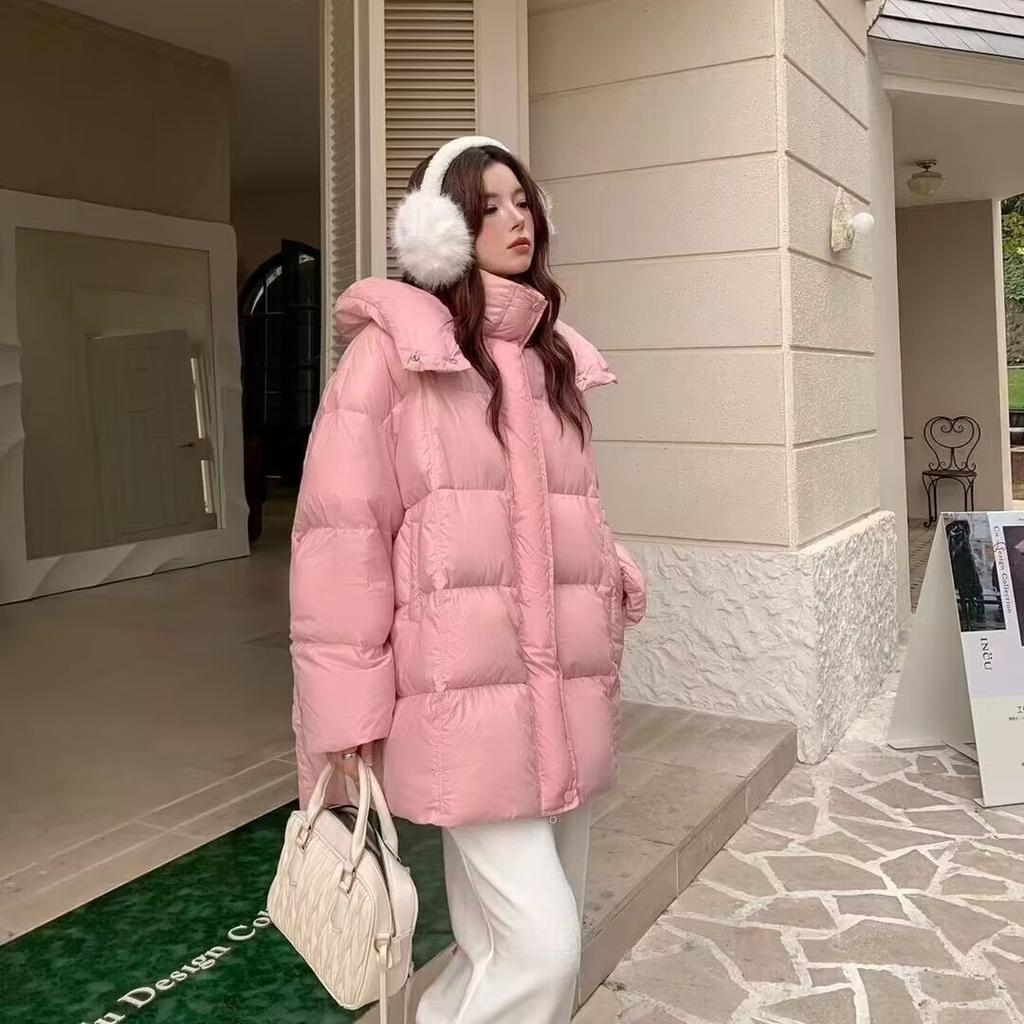 Розовый милый пуховик с капюшоном средней и длинной длины для женщин 2024 года, новинка зимы, белый пуховик на утином пуху, куртка