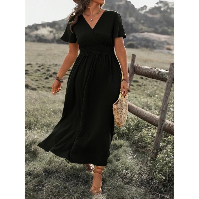 YYFS Women's Fashion Summer Spring Solid Color Print Short Sleeve V-Neck High Waist Casual Dresses