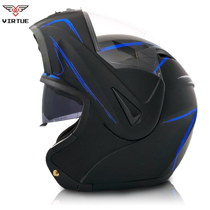 VIRTUE Full Face Motorcycle Helmet With Dual Lens Carbon Fiber Style Decal ABS Shell Flip-Up Design Adult Riders