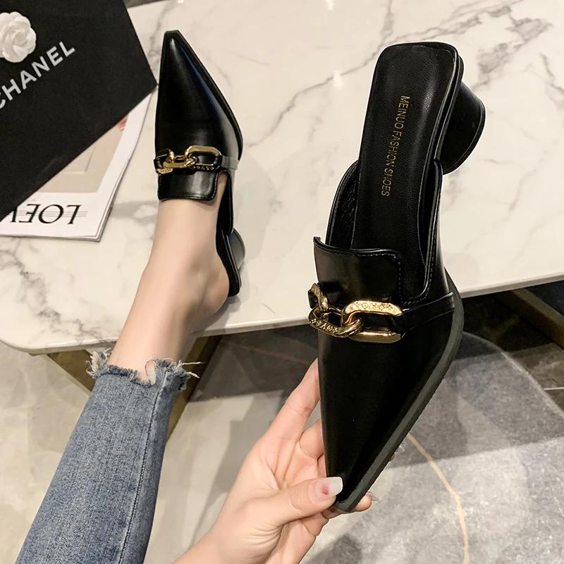 Fashion New Summer Luxury Women Black High Heels Slippers Close Toe Block Heels Mules Designer Slip On Loafers Slides Party Shoes