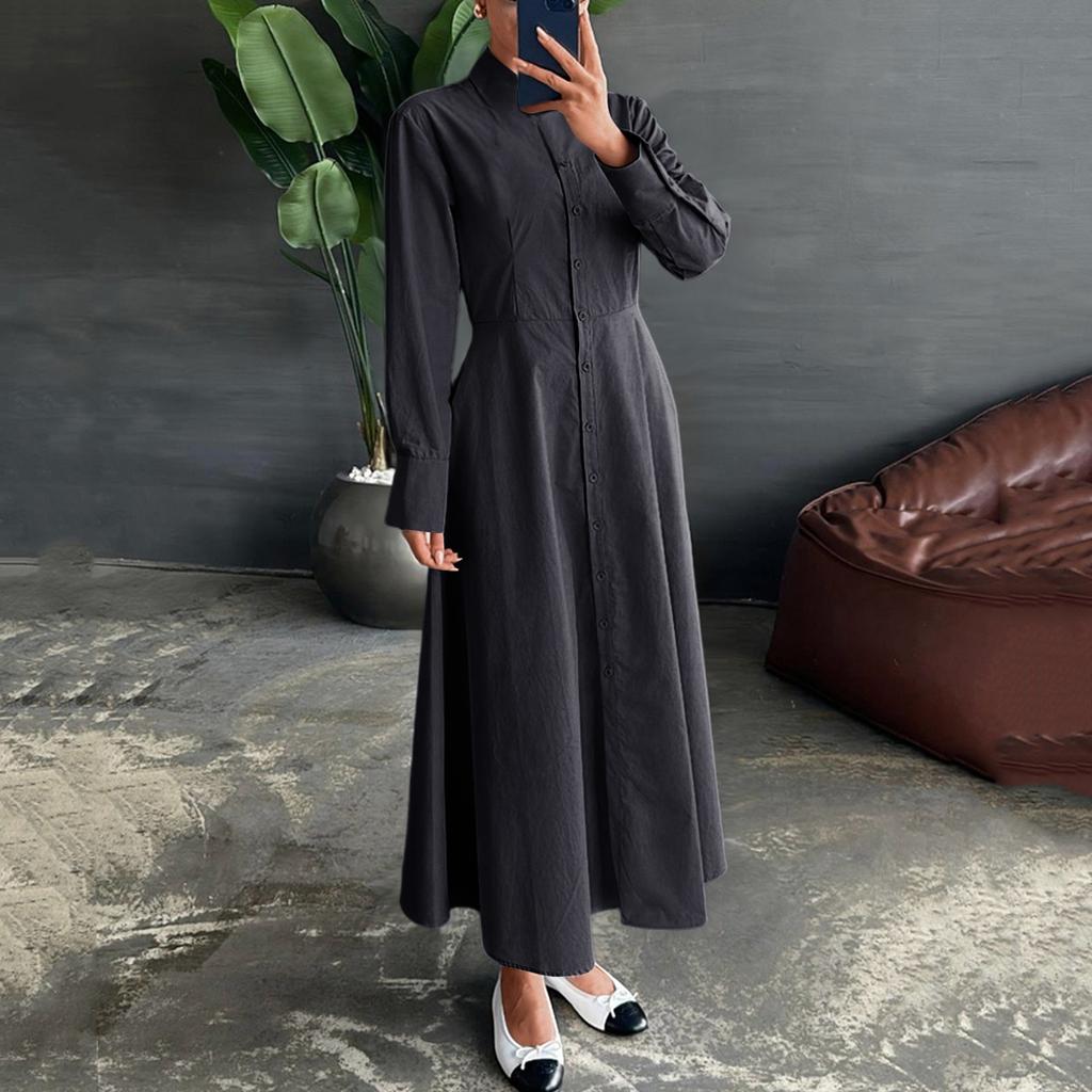Women's Casual Elegant Lapel Solid Color Straight Long Sleeve Shirt Dress
