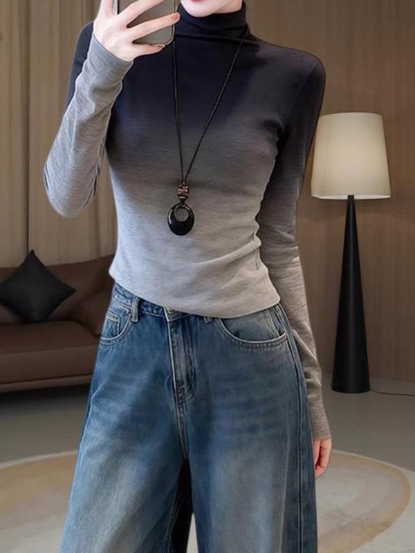 Women's Gradient Wool High Neck Cropped Knit Top - Korean Style Autumn/Winter Slim Fit