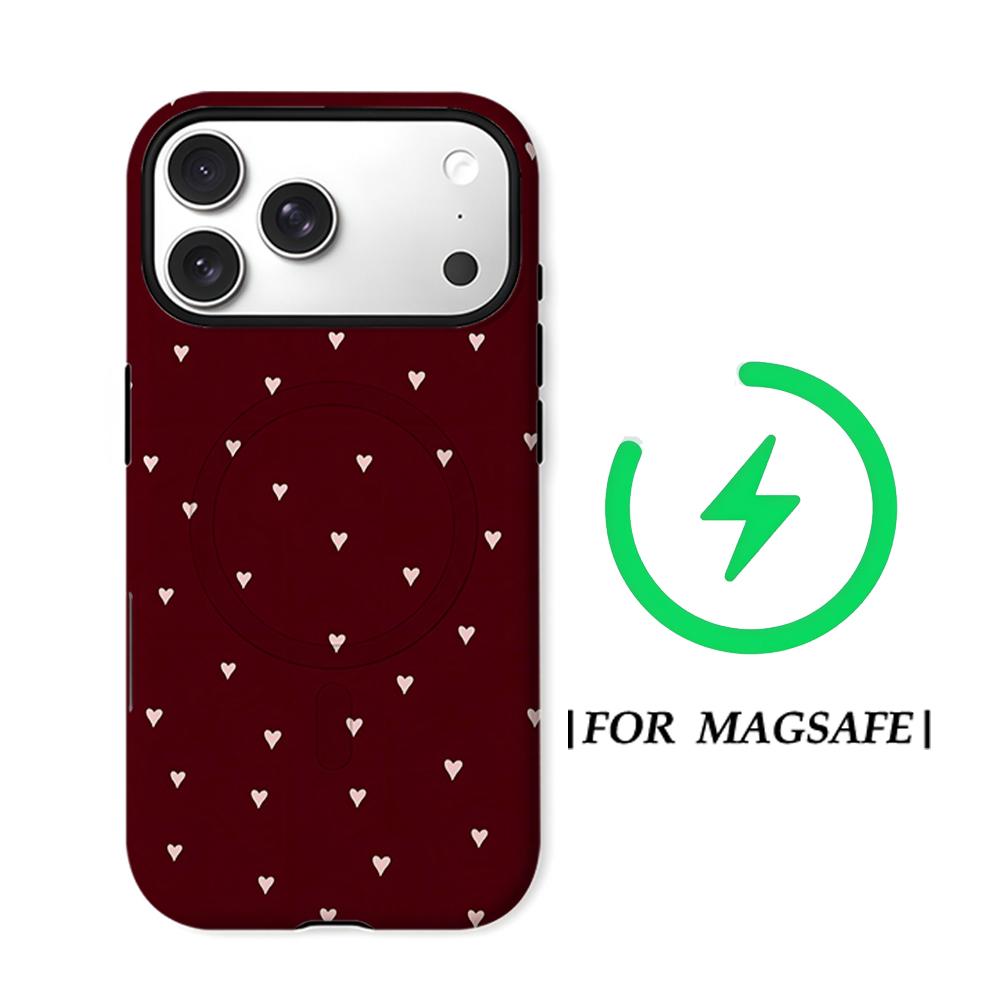 CaseLumi Матовый Бампер для Magsafe Чехол для IPhone 17 16 15 14 Plus 13 Pro Max Ударопрочный Жесткий ПК Бордовые Сердечки Чехол