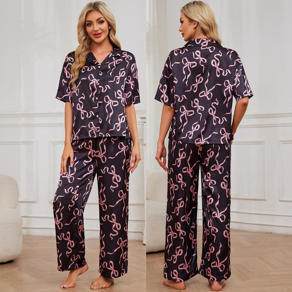Женские атласные пижамы, спальные костюмы, принтованные рубашки с короткими рукавами и длинными брюками, комплект из 2 предметов, имитация шелка, одежда для сна и отдыха