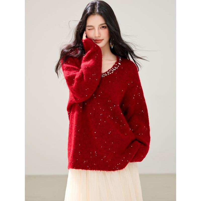 Women's Red Knitted Sweater - New Year's 2026 Long Sleeve Base Layer